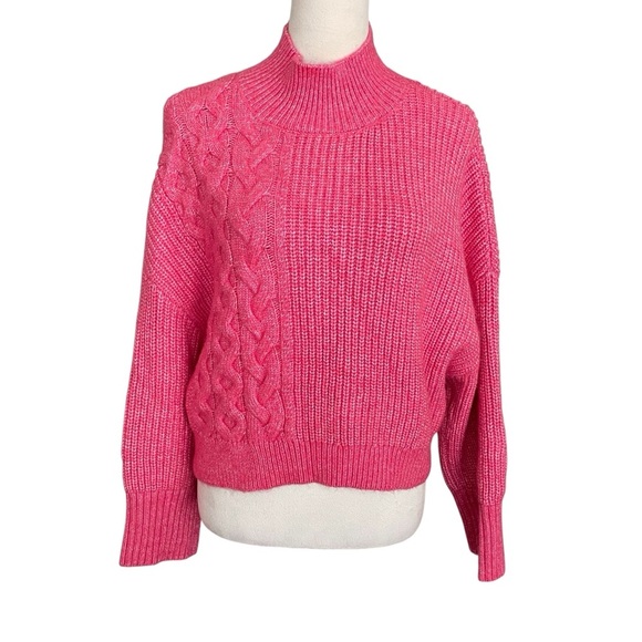 Express Cropped Vibrant Pink Cable Knit Chic Turtleneck Casual Sweater Women XS - Picture 3 of 8